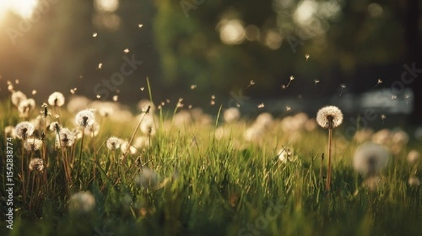 Obraz Dandelion Seeds Blowing in the Breeze Over a Sunlit Meadow