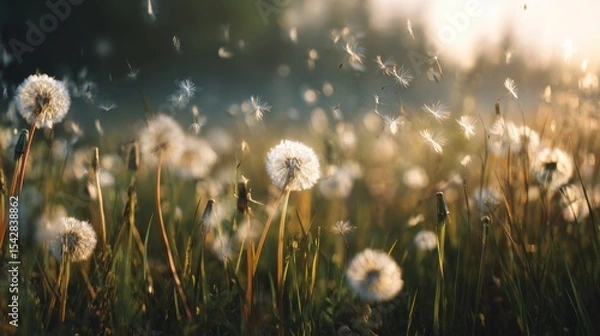Obraz Dandelion Seeds Blowing in the Breeze Over a Sunlit Meadow