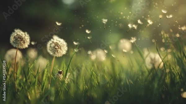 Obraz Dandelion Seeds Blowing in the Breeze Over a Sunlit Meadow