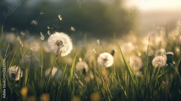 Obraz Dandelion Seeds Blowing in the Breeze Over a Sunlit Meadow