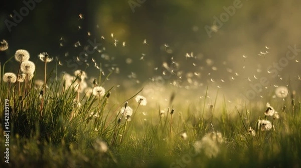 Obraz Dandelion Seeds Blowing in the Breeze Over a Sunlit Meadow
