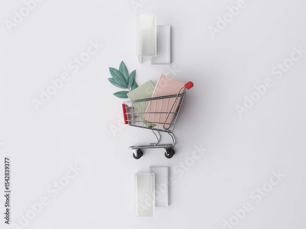 Fototapeta Shopping Cart with Books and Plant on White Background with Geometric Shapes