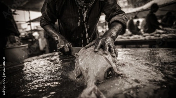 Obraz Close-Up of Hands Cleaning Fresh Fish at Outdoor Market in Black and White