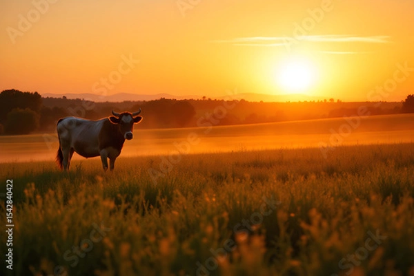 Fototapeta Serene Sunset Over a Grazing Cow in a Vibrant Field Under an Orange Sky