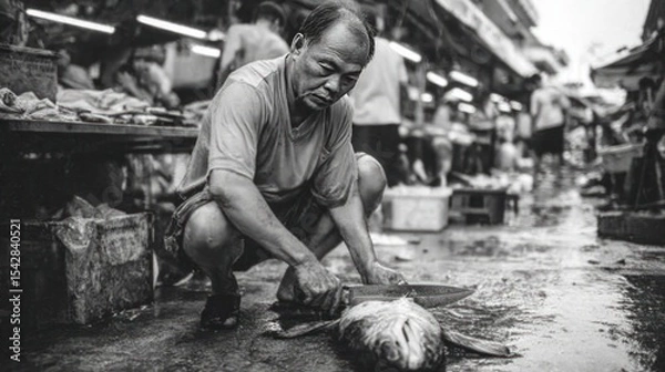 Obraz Man Butchering Fish on Wet Market Street in Monochrome Urban Scene