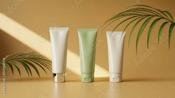 Fototapeta Cosmetic Product Tubes with Palm Leaves on a Beige Background Studio Shot