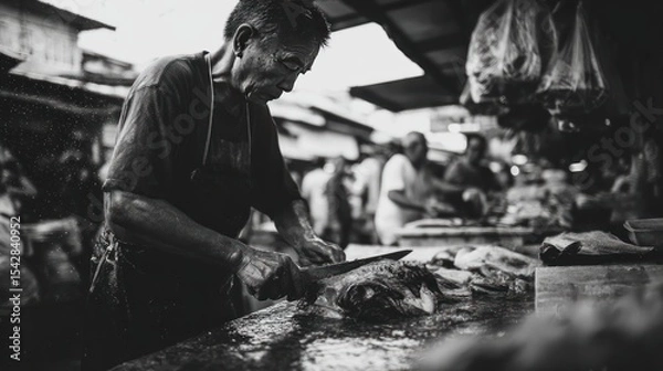 Obraz Elderly Fish Vendor Skillfully Butchering Catch at Bustling Market – Monochrome Documentary