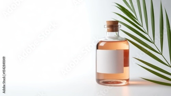 Fototapeta Elegant Bottle with Blank Label and Palm Leaf on White Background