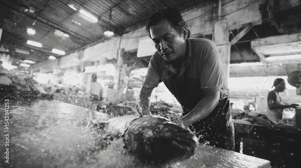 Obraz Fish Vendor Processing Catch in Indoor Market with Splash Effect – Black and White Scene