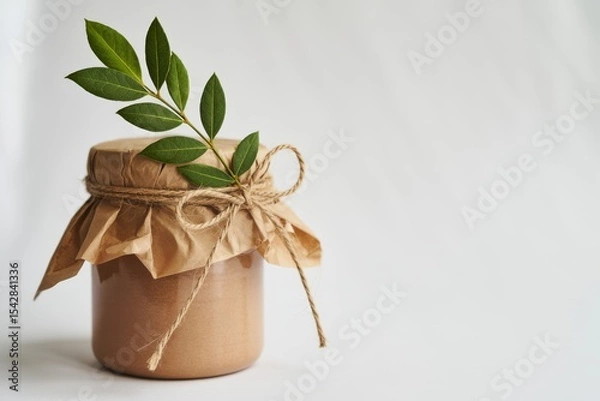 Fototapeta Homemade Jam Jar with Green Leaves and Twine on a White Background