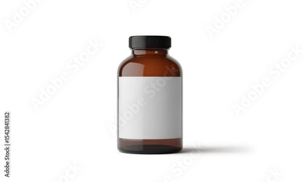 Fototapeta Amber Glass Bottle with Blank Label on White Background for Mockup Design