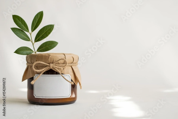 Fototapeta Brown Jar with Label, Twine, and Greenery on White Surface Product Display