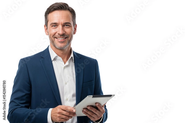 Fototapeta Confident executive manager in formal suit smiling while holding a tablet, isolated on transparent background, concept of business leadership and technology