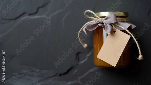 Fototapeta Artisanal Jam Jar with Tag and Ribbon on Dark Stone Surface Still Life