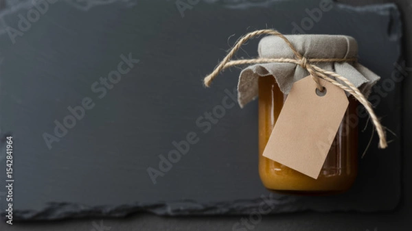 Fototapeta Homemade Preserves in Glass Jar with Blank Label on Slate Background Still Life