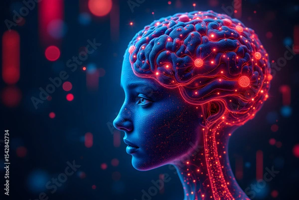 Fototapeta Intricate Neural Network and Cognitive Mapping Representing AI Curiosity in Neon Colors