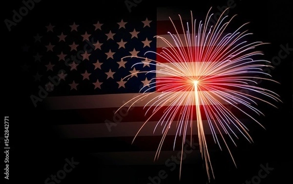 Obraz 4th of july fireworks with american flag overlay on black background, horizontal version. High quality