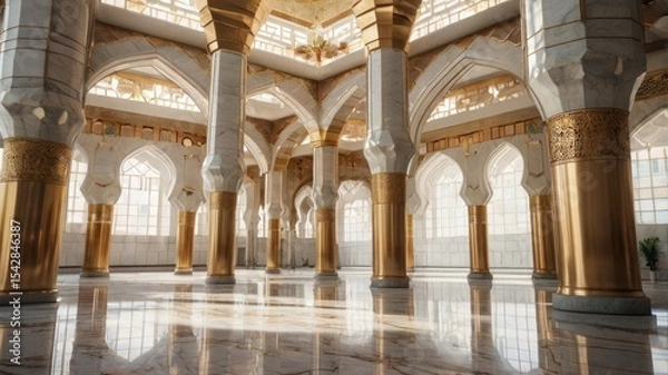 Fototapeta Majestic columns inside a modern mosque with a sleek marble finish and subtle gold detailing, Islamic architecture.