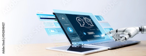 Fototapeta Robotic hand interacting with AI interface on laptop, surrounded by icons for data, security, fingerprint, communication, and cloud. Concept of artificial intelligence technology.
