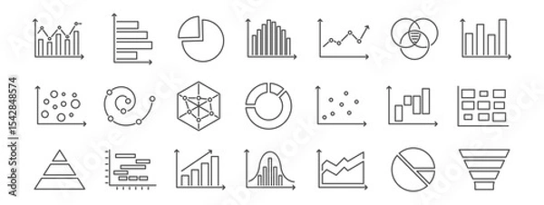 Obraz Basic charts line icon set.  Bar diagram, pie and histogram graph. Data visualization, growth and distribution analysis for business and finance. Vector illustration Editable Stroke