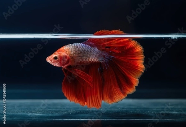 Obraz close-up photographic image of a betta fish, with a long, large, deep, shimmering, red, dark tail, swimming in crystal-clear, clear water