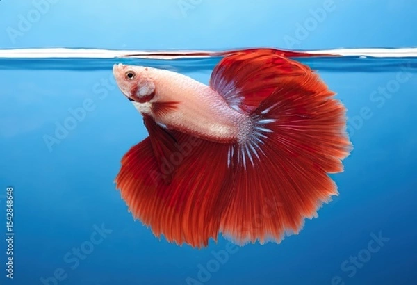 Obraz close-up photographic image of a betta fish, with a long, large, deep, shimmering, red, dark tail, swimming in crystal-clear, clear water