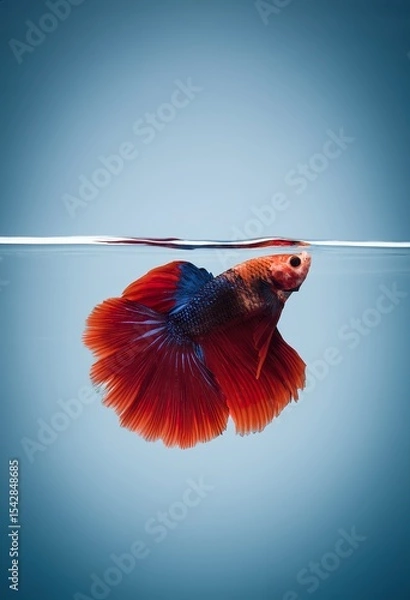 Obraz close-up photographic image of a betta fish, with a long, large, deep, shimmering, red, dark tail, swimming in crystal-clear, clear water