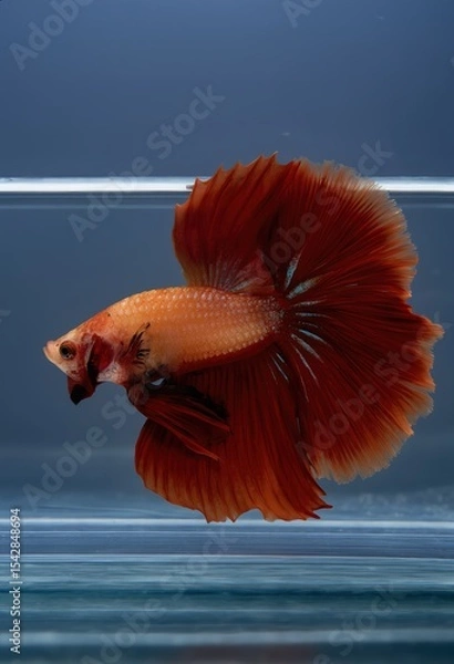 Obraz close-up photographic image of a betta fish, with a long, large, deep, shimmering, red, dark tail, swimming in crystal-clear, clear water
