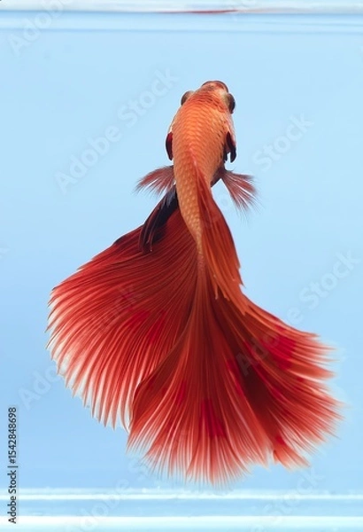Obraz close-up photographic image of a betta fish, with a long, large, deep, shimmering, red, dark tail, swimming in crystal-clear, clear water