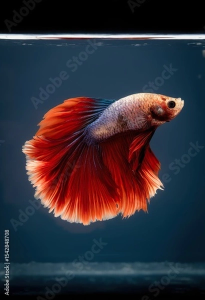 Obraz close-up photographic image of a betta fish, with a long, large, deep, shimmering, red, dark tail, swimming in crystal-clear, clear water