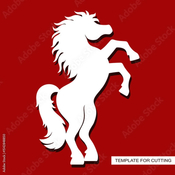 Fototapeta Silhouette of a horse standing on its hind legs. Animal theme. White object on red background. Template for plotter laser cutting of paper, fretwork, wood carving, metal engraving, cnc. Vector image.