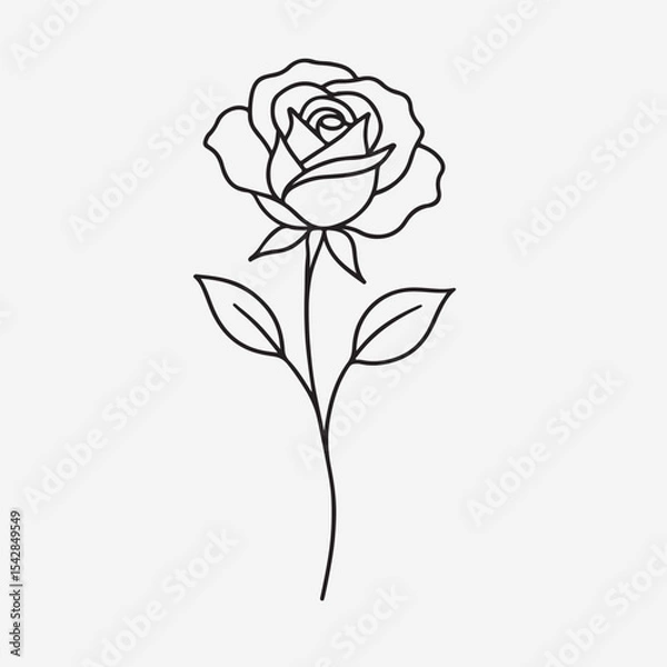 Obraz A black silhouette of a rose with two leaves, created in the style of an expressive calligraphy brush stroke. The line has varied thickness and a fluid energy. Sumi-e inspired vector art, on a white b