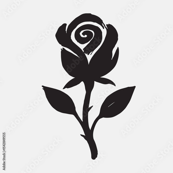 Obraz A black silhouette of a rose with two leaves, created in the style of an expressive calligraphy brush stroke. The line has varied thickness and a fluid energy. Sumi-e inspired vector art, on a white b