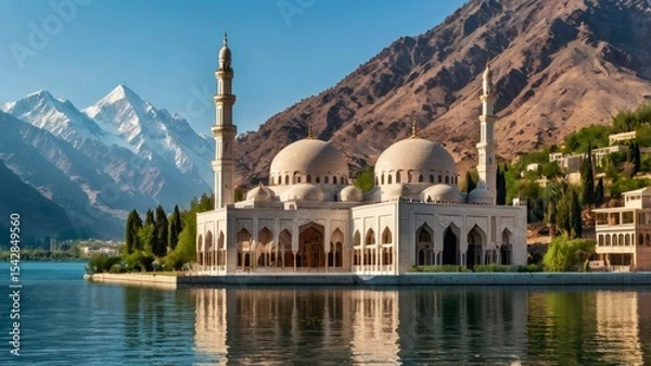 Fototapeta Majestic mosque by lake and mountains.
