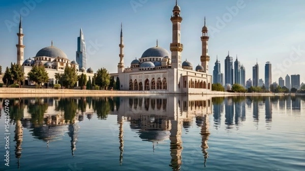 Fototapeta Majestic mosque reflected in calm water, surrounded by modern city skyline under a clear sky.