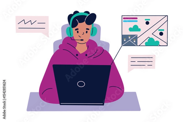 Fototapeta Flat cartoon vector illustration of gamer at desk with laptop and headphones. Male character playing video game with map on screen. Gaming, streaming, youth lifestyle, e sports composition