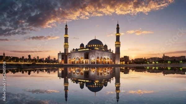 Fototapeta Majestic Mosque Reflecting at Sunset Over Cityscape.