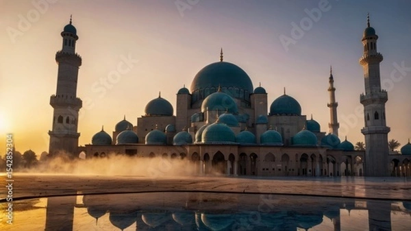 Fototapeta Majestic Mosque Silhouette at Sunrise A breathtaking view of a grand mosque at dawn.