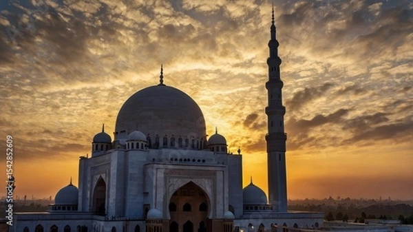 Fototapeta Majestic Mosque Silhouette at Sunrise A breathtaking view of a grand mosque at dawn.