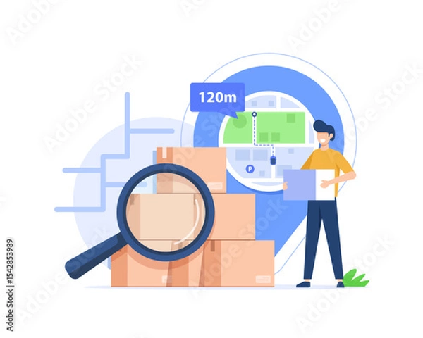 Fototapeta Delivery man and boxes. Courier or delivery service. Men characters with parcels packages boxes
