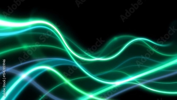 Fototapeta 3D dynamic energy background with multiple green and blue curved lines creating a wave motion illusion, rendered in neon vector graphics
