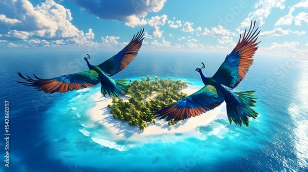 Fototapeta Peacock with colorful feathers flying high in the summer sky