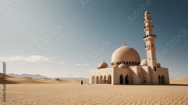 Fototapeta Minimalist depiction of mosque in vast desert emphasizing solit.