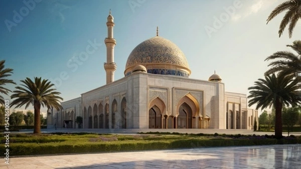 Fototapeta Modern Islamic architecture building, sunny day.