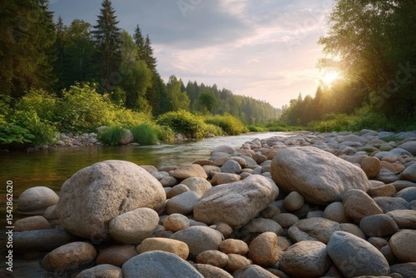 Fototapeta A rocky riverbed leads into a forest under a hazy sky