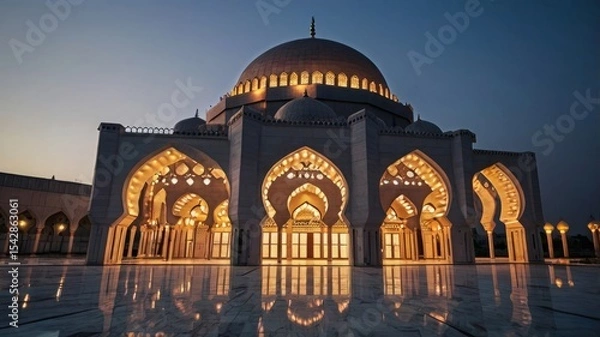 Fototapeta Modern Mosque Architecture Illuminated at Dusk.