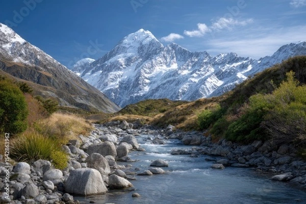 Fototapeta A stream flows through a rocky bed leading to snowcapped mountains under a partly cloudy sky