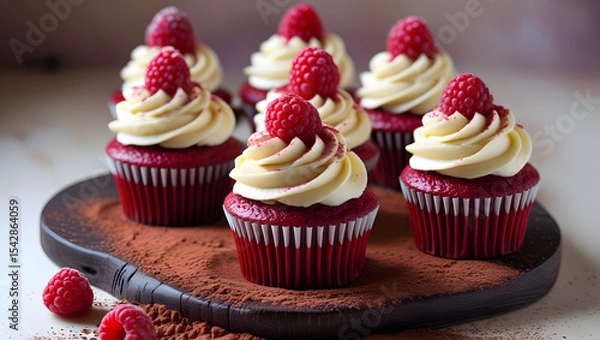 Fototapeta Red Velvet Cupcakes with Raspberry Topping Delicious Dessert
