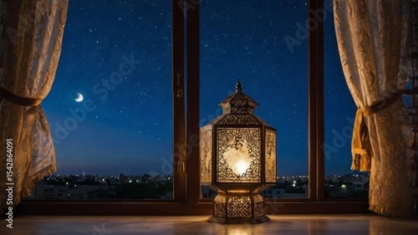 Fototapeta Moon And Arabian Lantern With Blue Sky At Night window view.