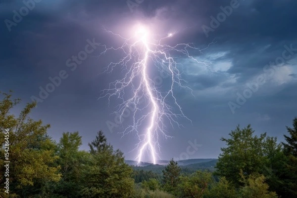 Fototapeta A vibrant lightning bolt dominates the sky above a forested landscape illuminating the stormy atmosphere